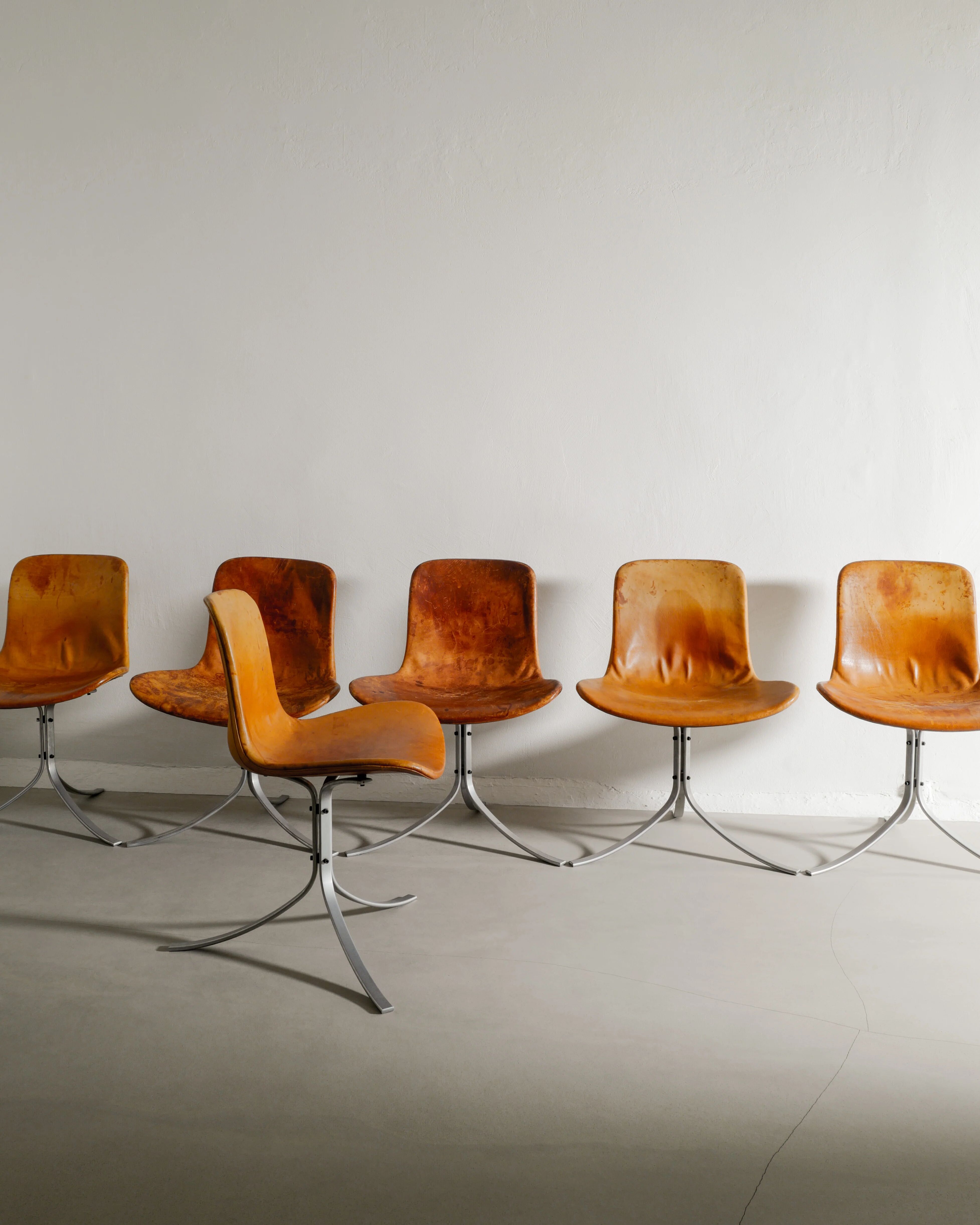 Set of Six Vintage Poul Kjaerholm PK-9 Dining Chairs Brown Leather, 1960s