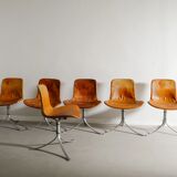 Set of Six Vintage Poul Kjaerholm PK-9 Dining Chairs Brown Leather, 1960s