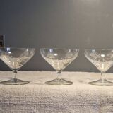 3 antique champagne coupes in engraved crystal with large daisies.