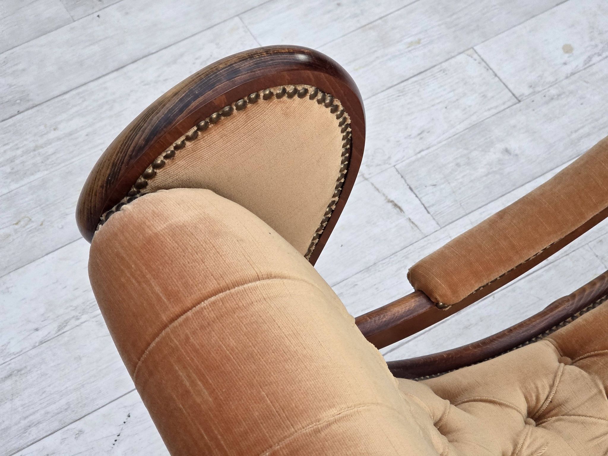 1960s, Scandinavian rocking chair, furniture velour, dark beech wood.