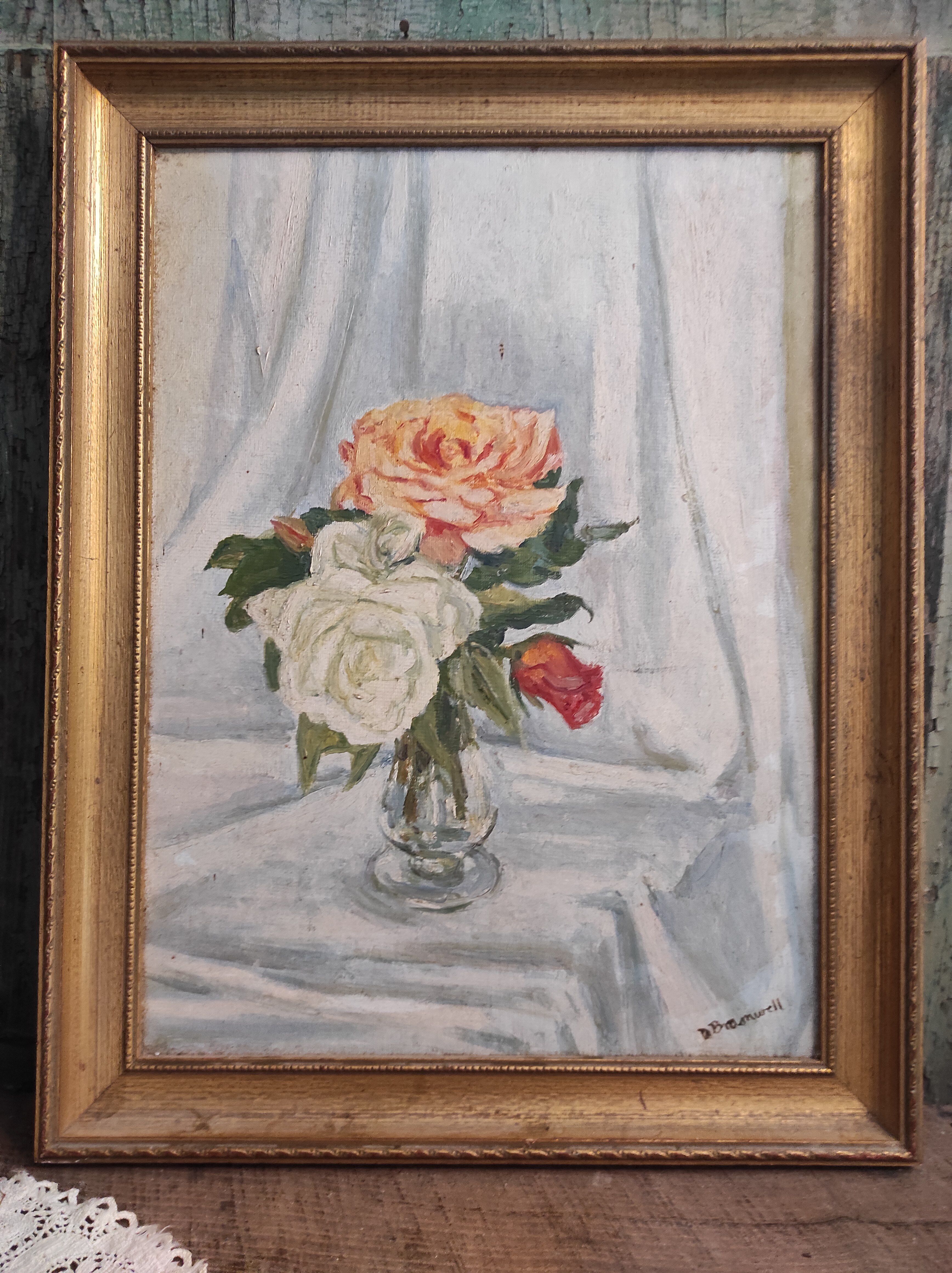 Vintage oil painting of flowers signed Bramwell