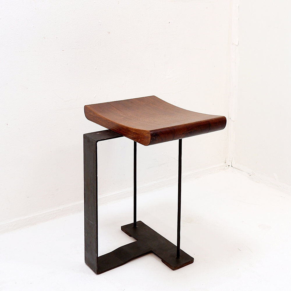 Vintage wooden and metal stool in the style of the "T" model by Pierre Chareau.