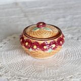 Vintage earthenware and slip candy box - Woven basket, burgundy flowers