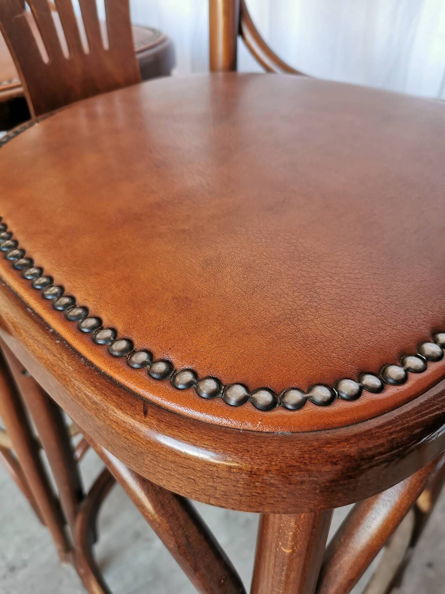 Set of 6 Vintage Bentwood Bar Stool Set: Brown Leather Seat, Nailhead Trim