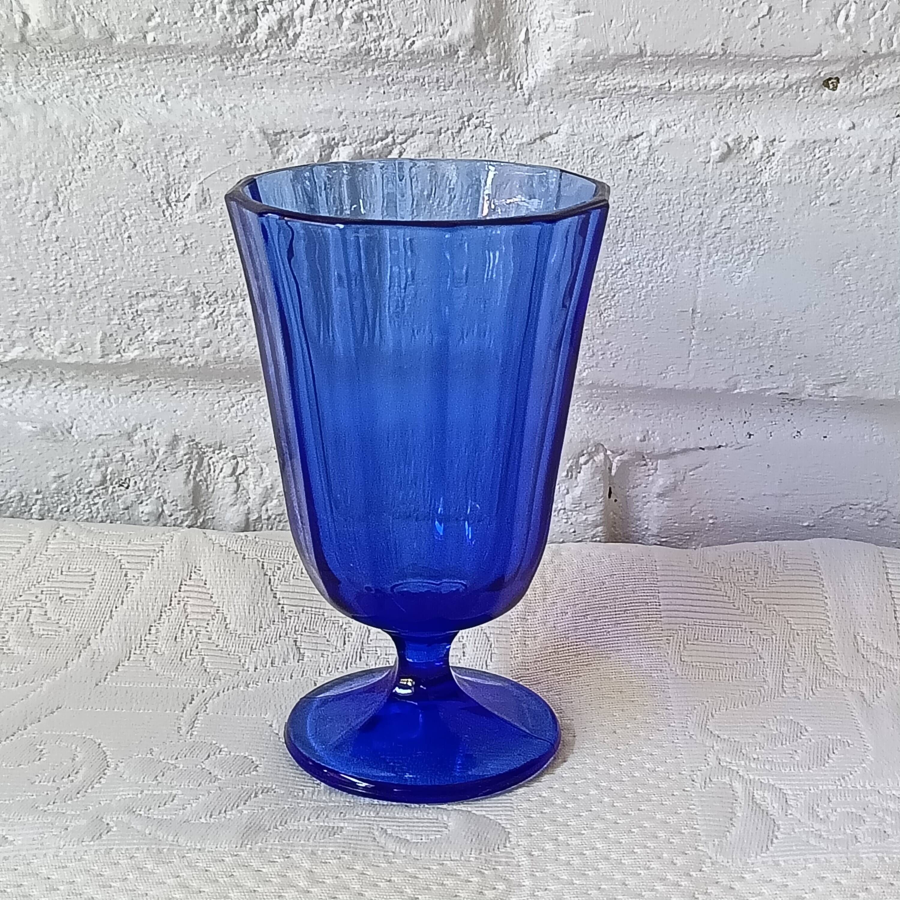 6 vintage footed glasses in cobalt blue coloured glass from Portugal