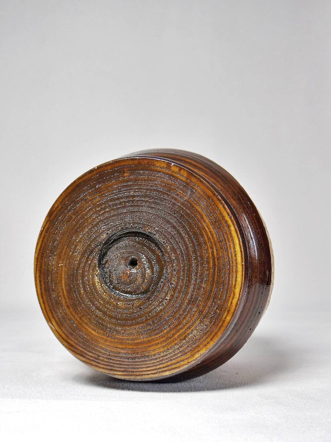 Small turned wooden vase, Brutalist, two-tone varnished with bark