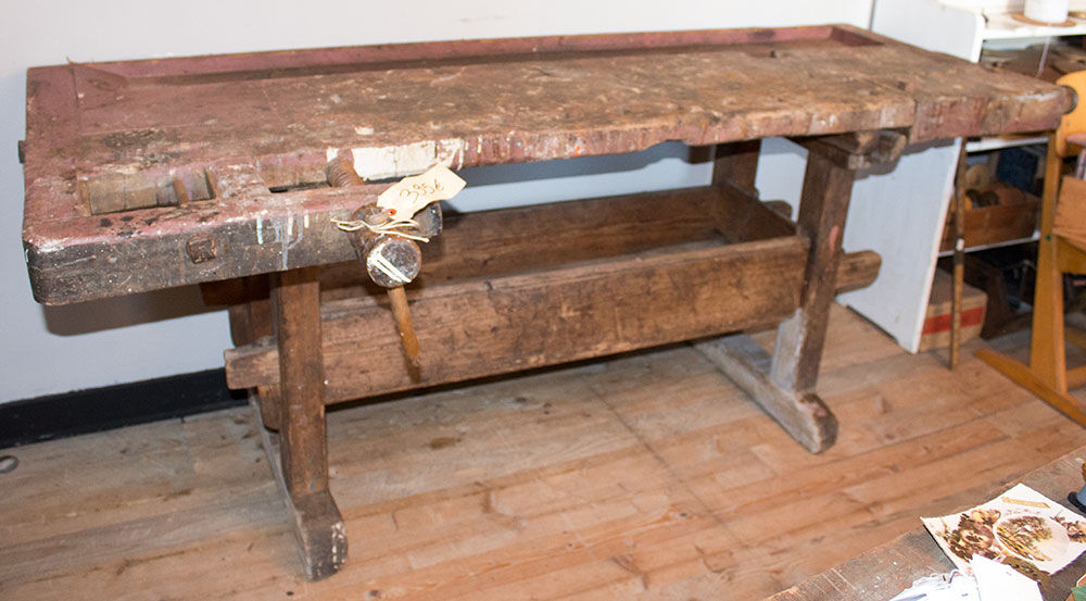 Old solid industrial wooden workbench 2 meters wide