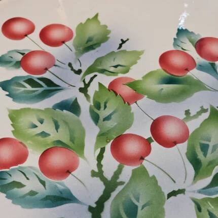 Oval Art Deco plate in earthenware and pierced metal with cherries