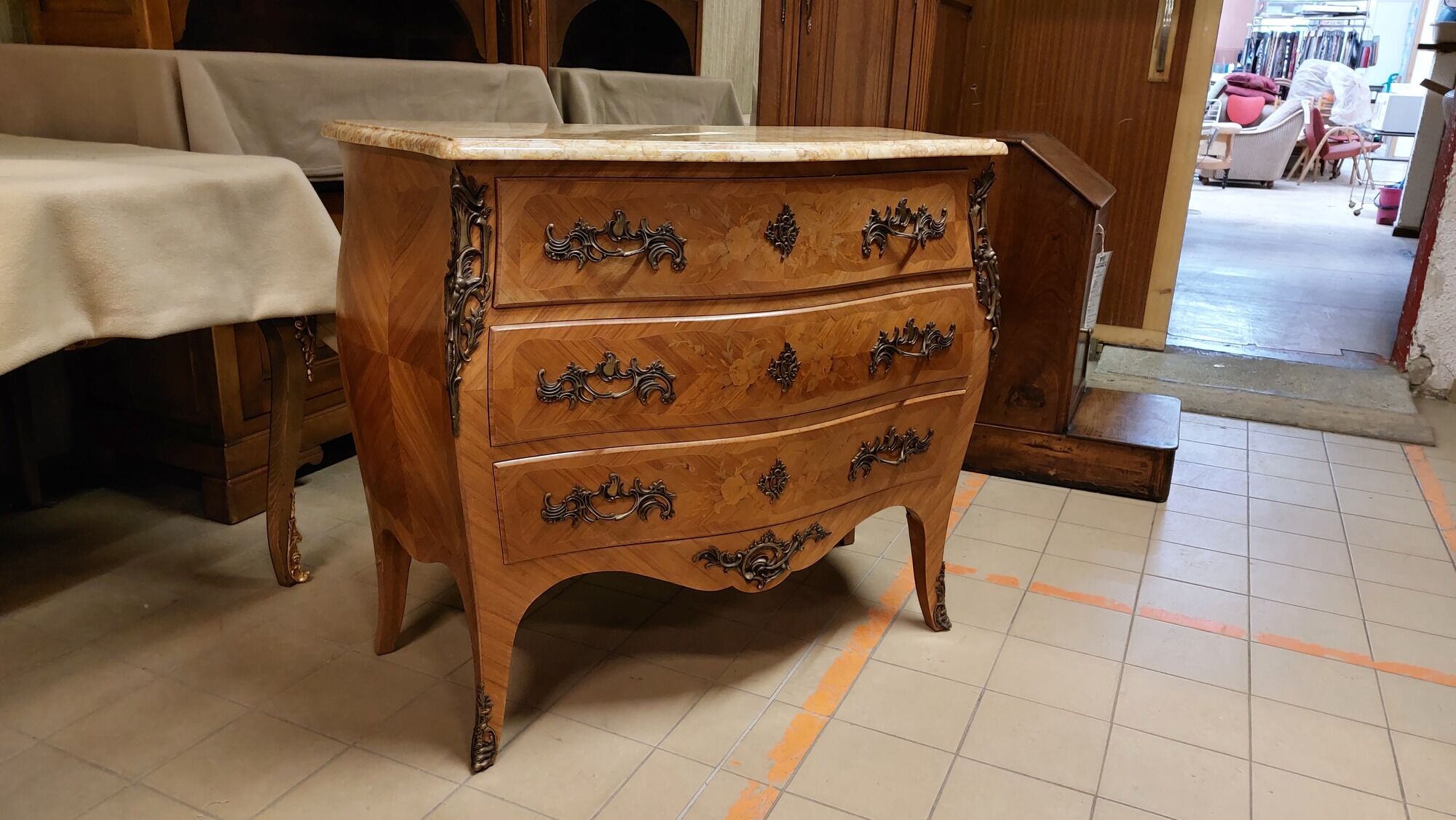 Louis XV style curved chest of drawers in rosewood 3 drawers and marble top
