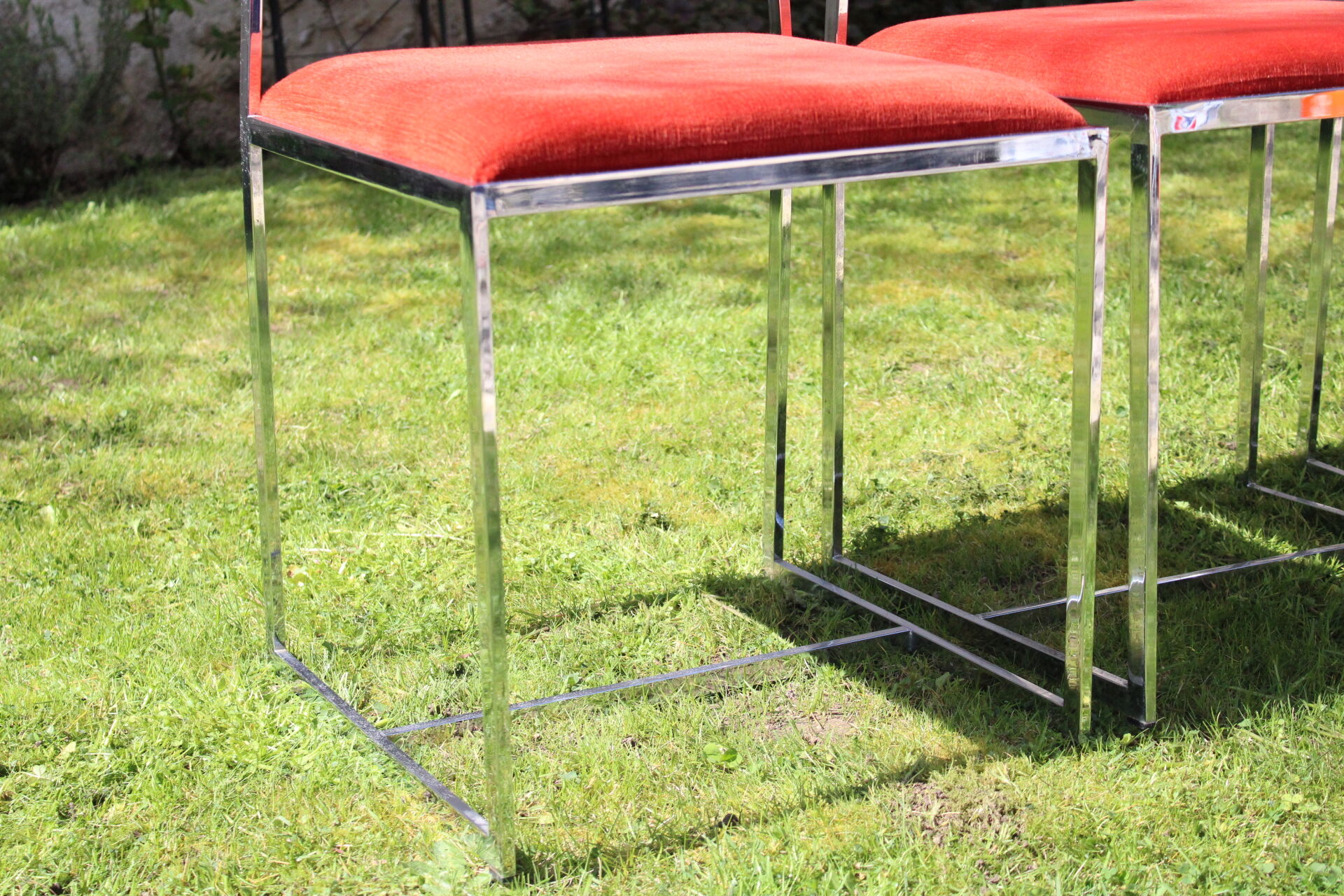 4 Chrome chairs in vintage orange velvet