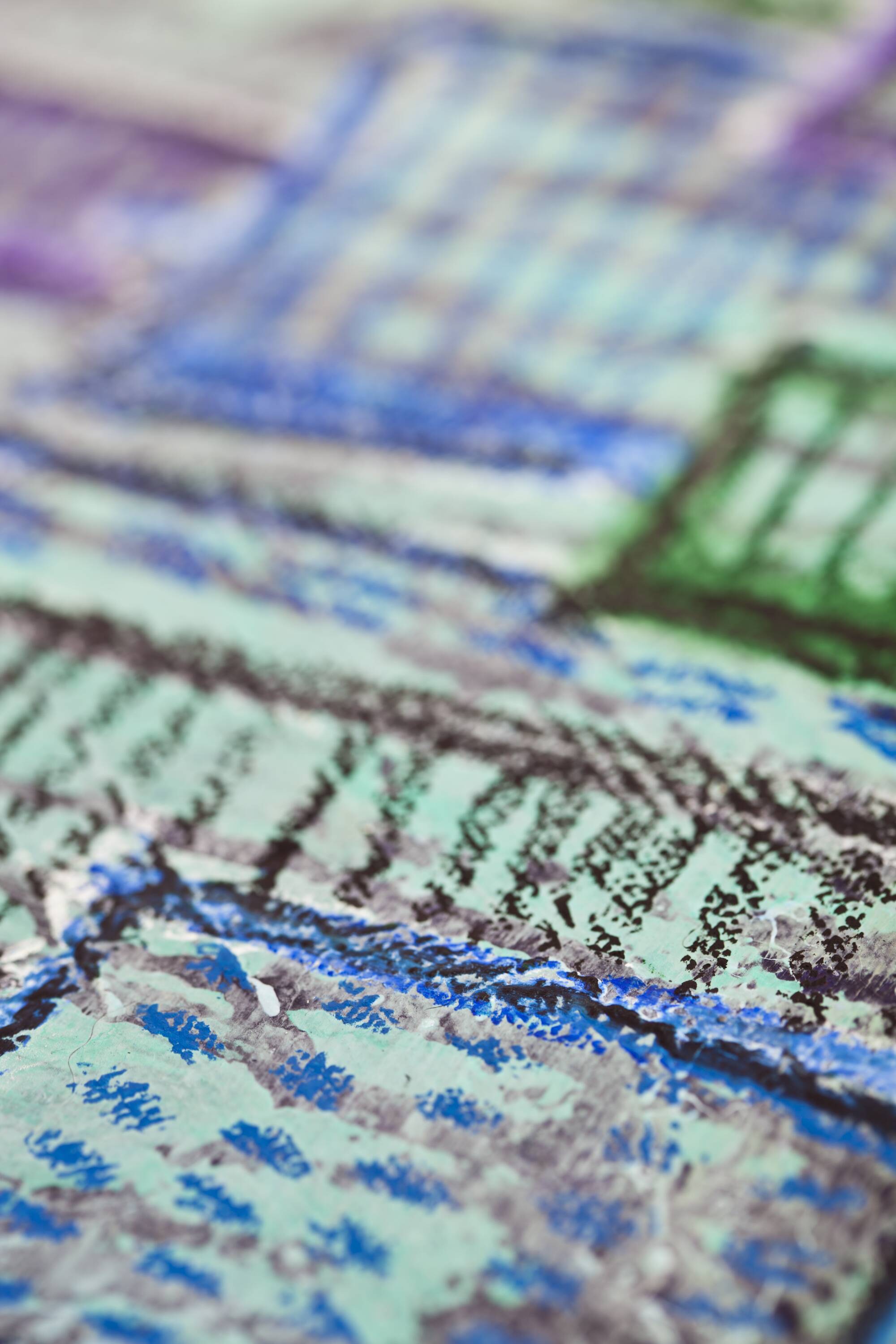 Contemporary paintig in teal, purple and green shades, acrylic on canvas