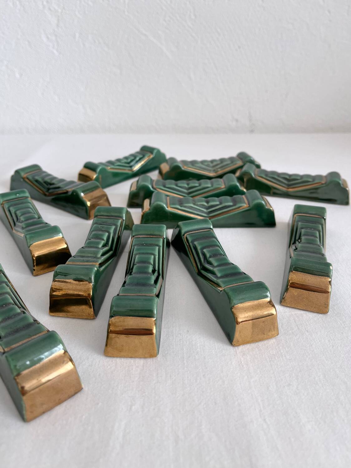12 vintage green and gold ceramic knife holders from the 50s