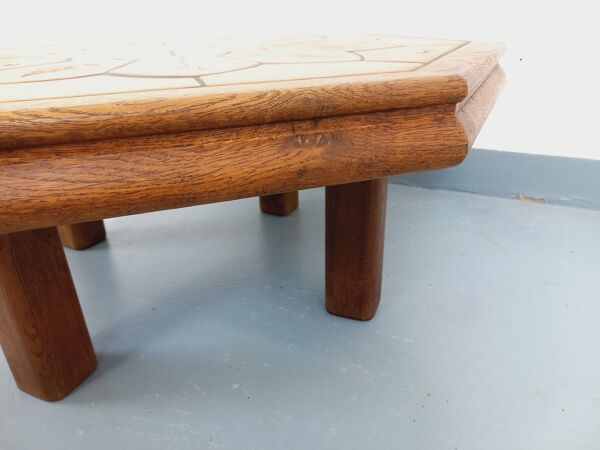 Table basse octogonale Barrois motifs herbier vintage en chêne et céramique
