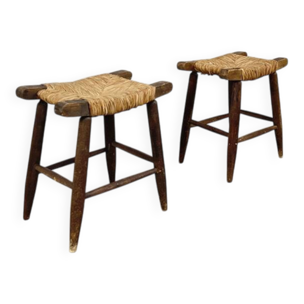 Duo de tabourets 1950 en paille