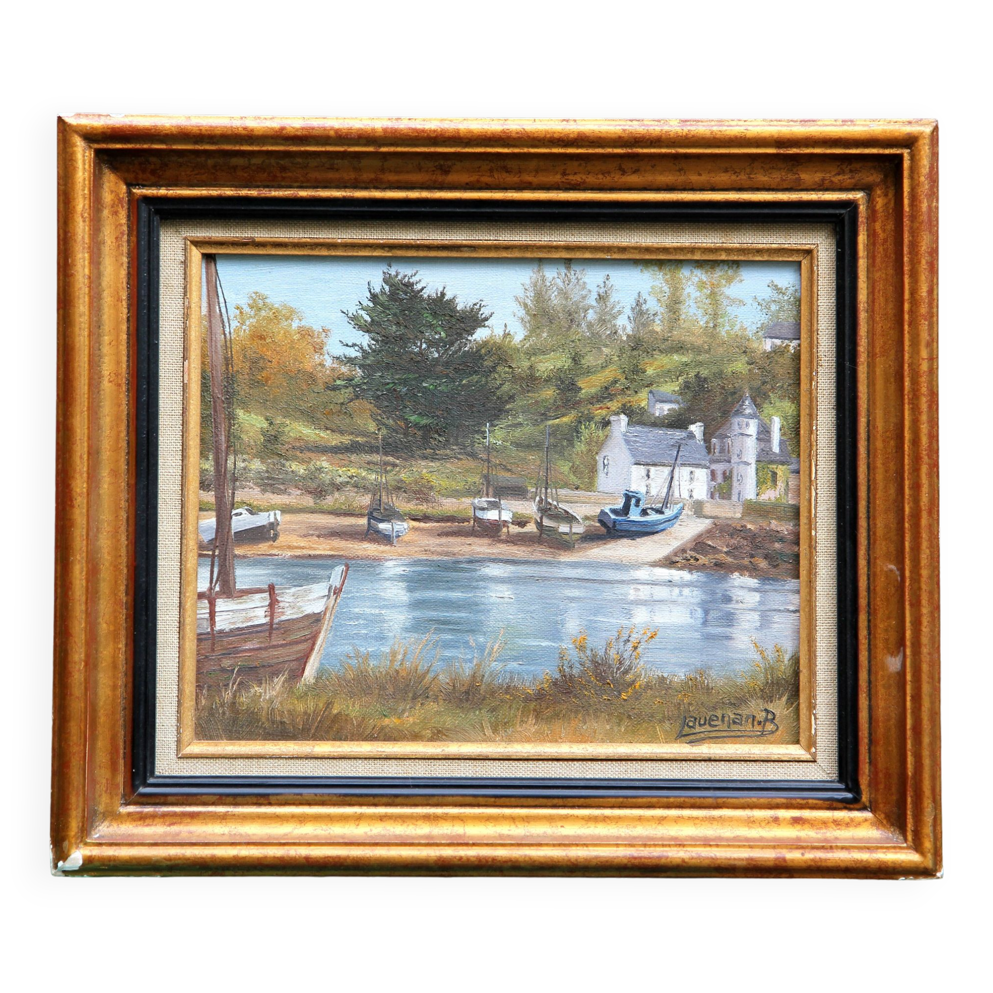 Tableau, peinture a l huile marine, champetre, 37 . 32 cm , signée