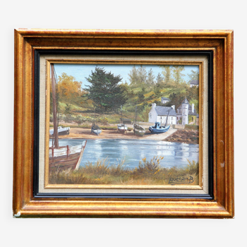 Painting, marine oil paint, country, 37. 32 cm, signed