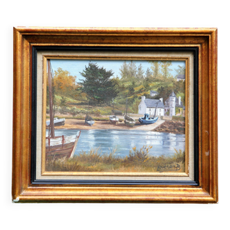 Painting, marine oil paint, country, 37. 32 cm, signed