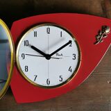 Vintage formica clock silent wall clock asymmetrical "Flash transistor red flower"