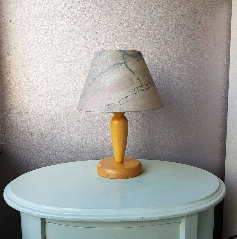 Wooden table lamp with fabric lampshade 1980
