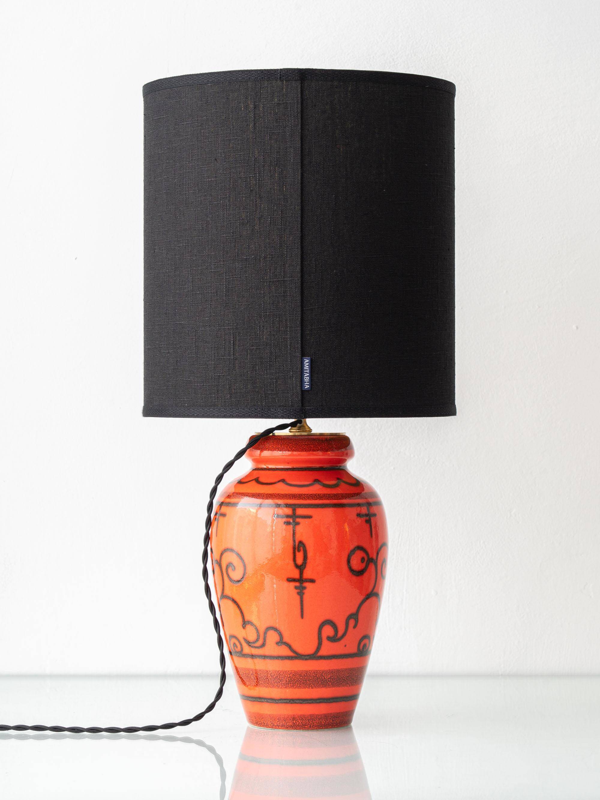 Ceramic table lamp Dutch Orange Gouda “Tokio”, 1970s, black linen shade