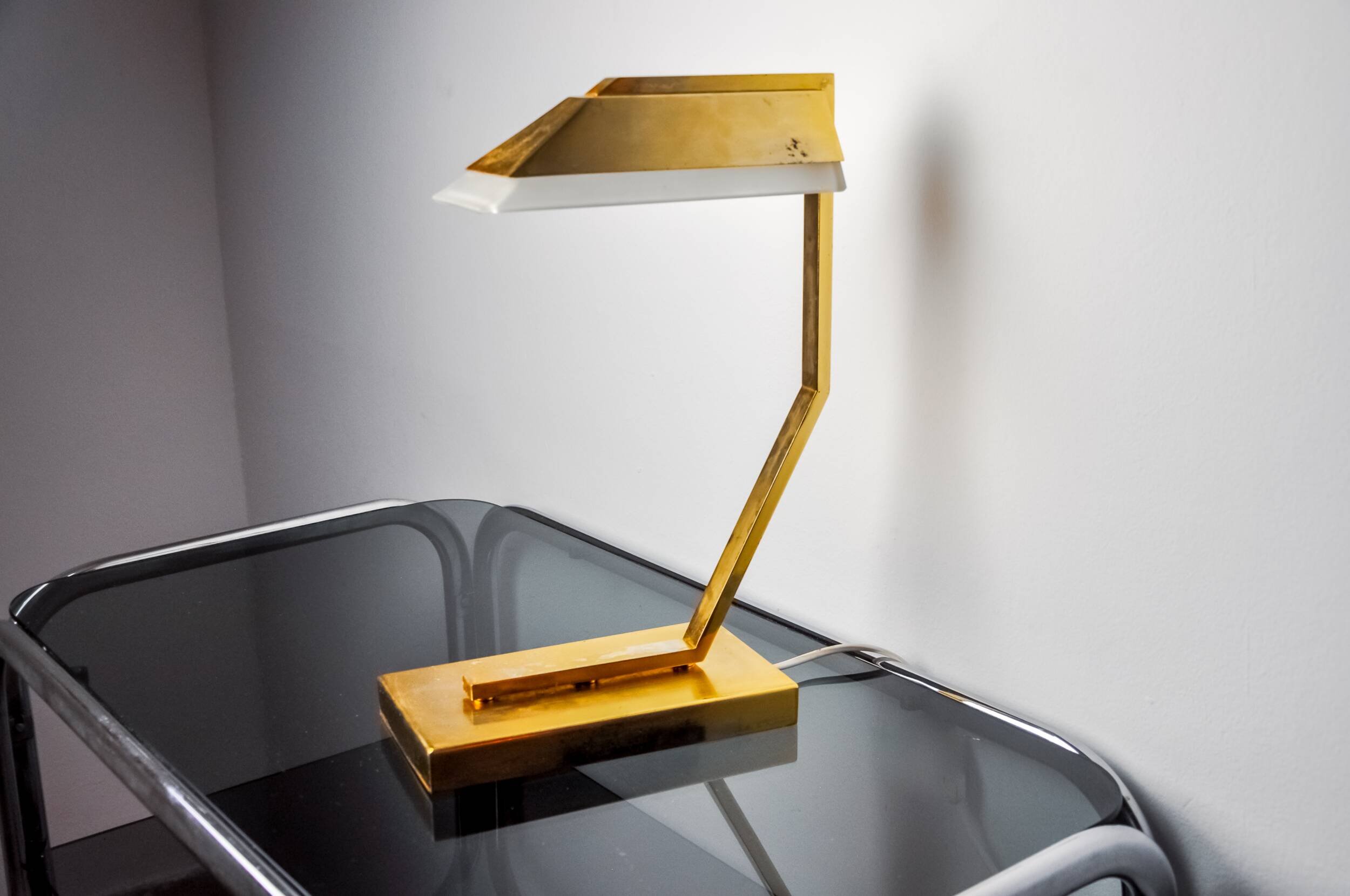 Geometric art deco lamp, brass and smoked glass, Spain, 1970