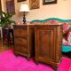 Pair of Art Deco bedside tables from 1930 in carved wood and red marble