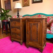 Pair of Art Deco bedside tables from 1930 in carved wood and red marble