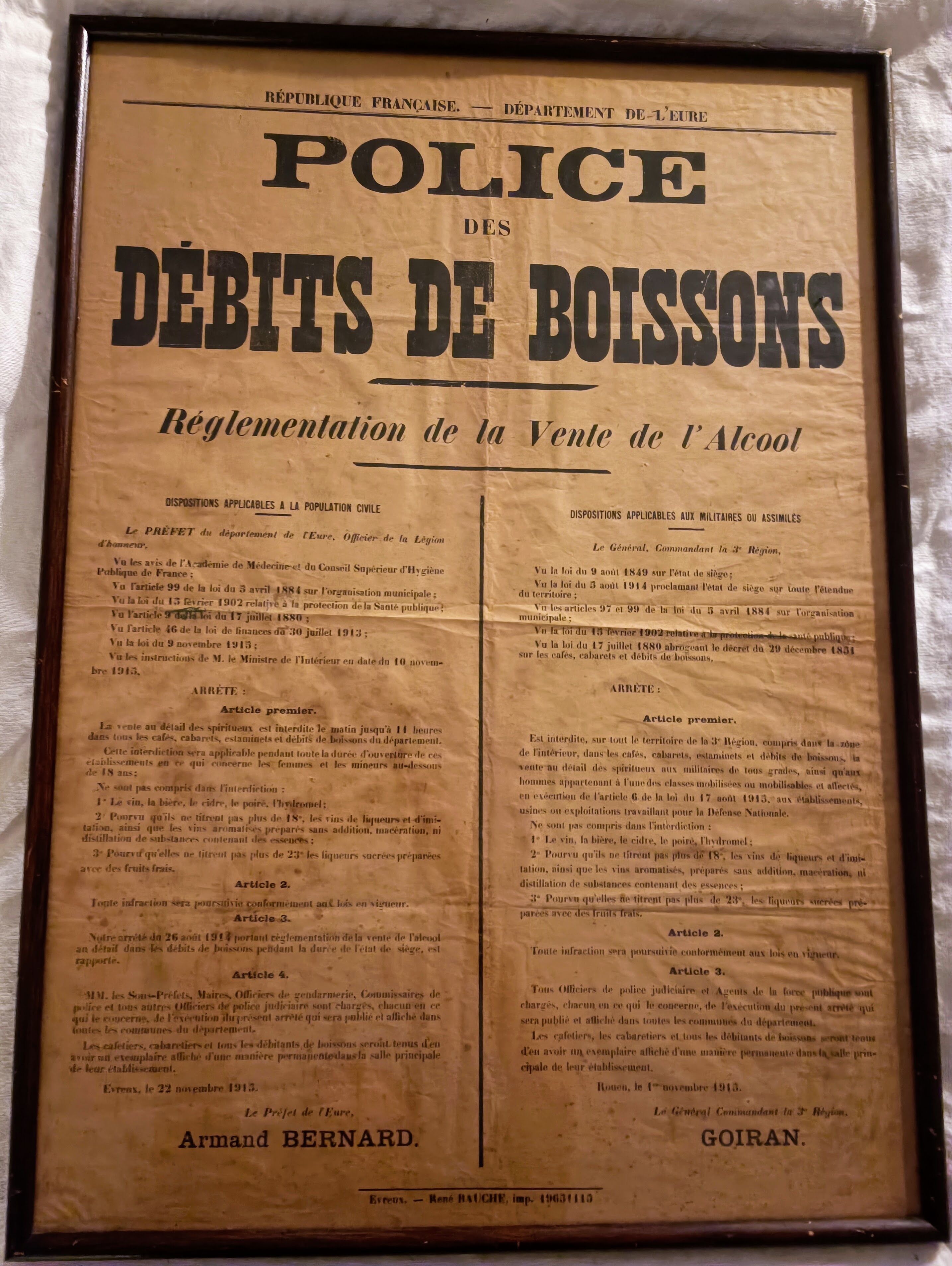 Affiche encadrée  - police des débits de boisson 1915 - WWI