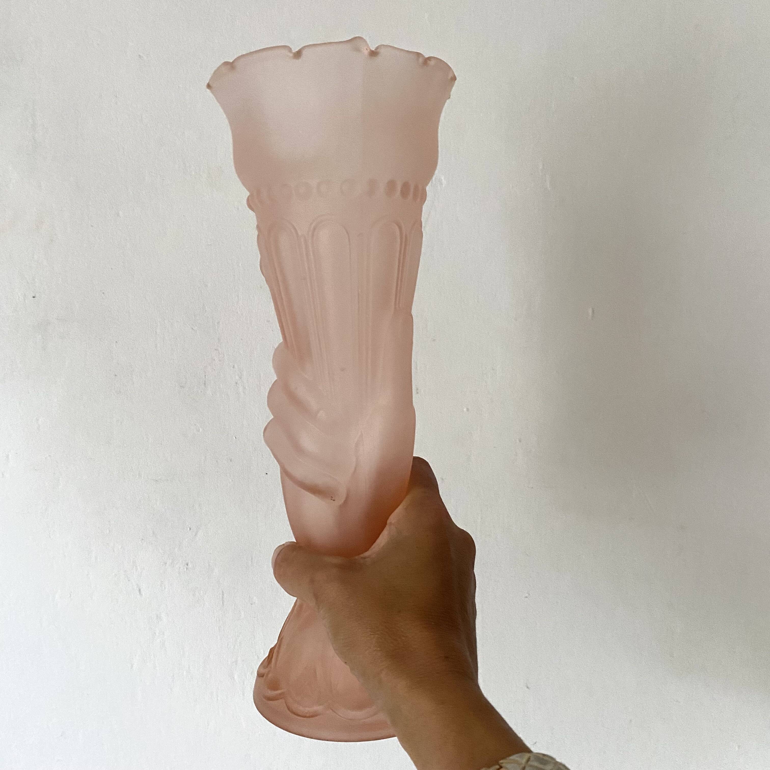 Pair of pink frosted glass torch vases, handmade, art deco