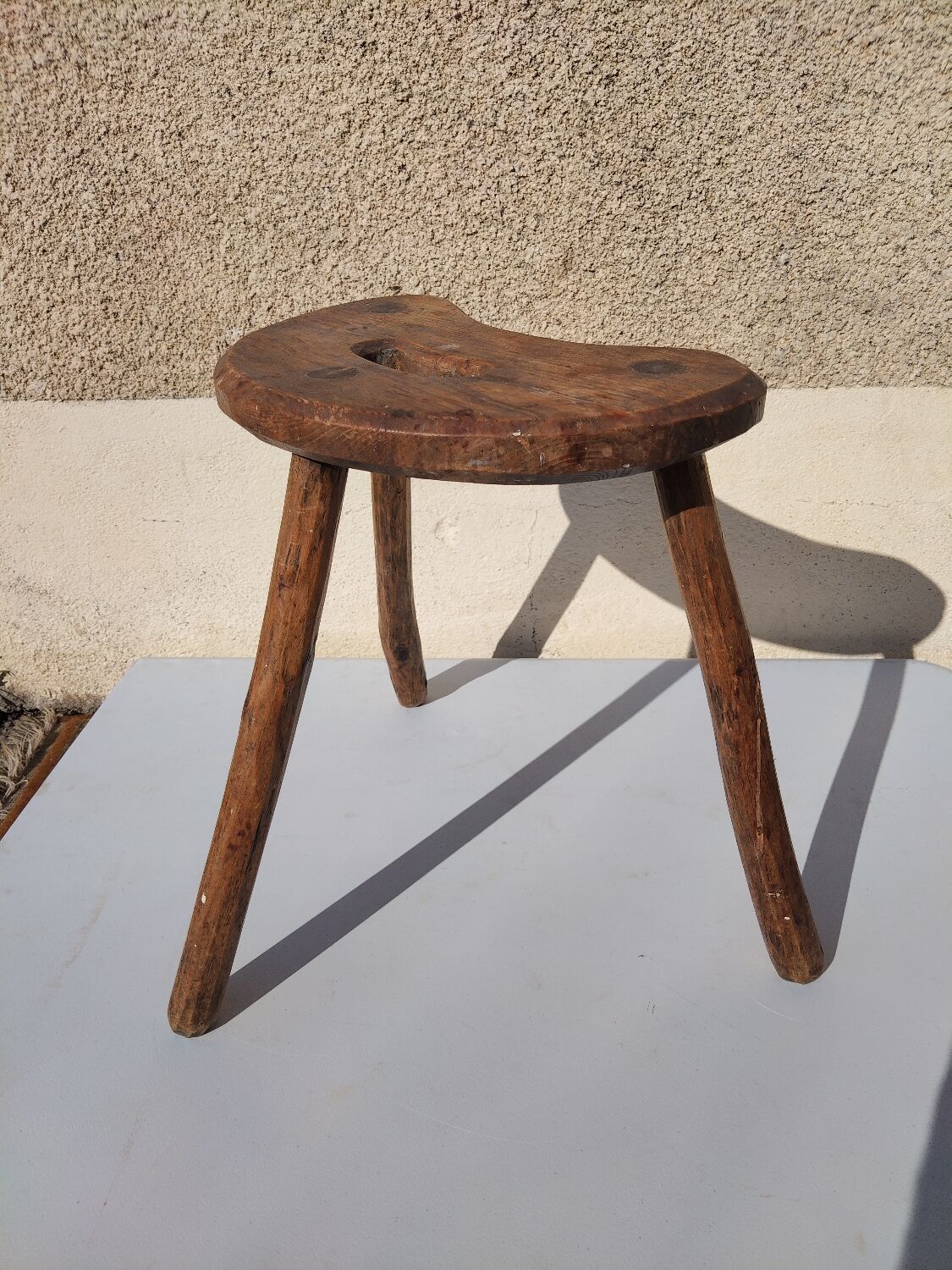 Antique tripod milking stool – folk art – patinated solid wood