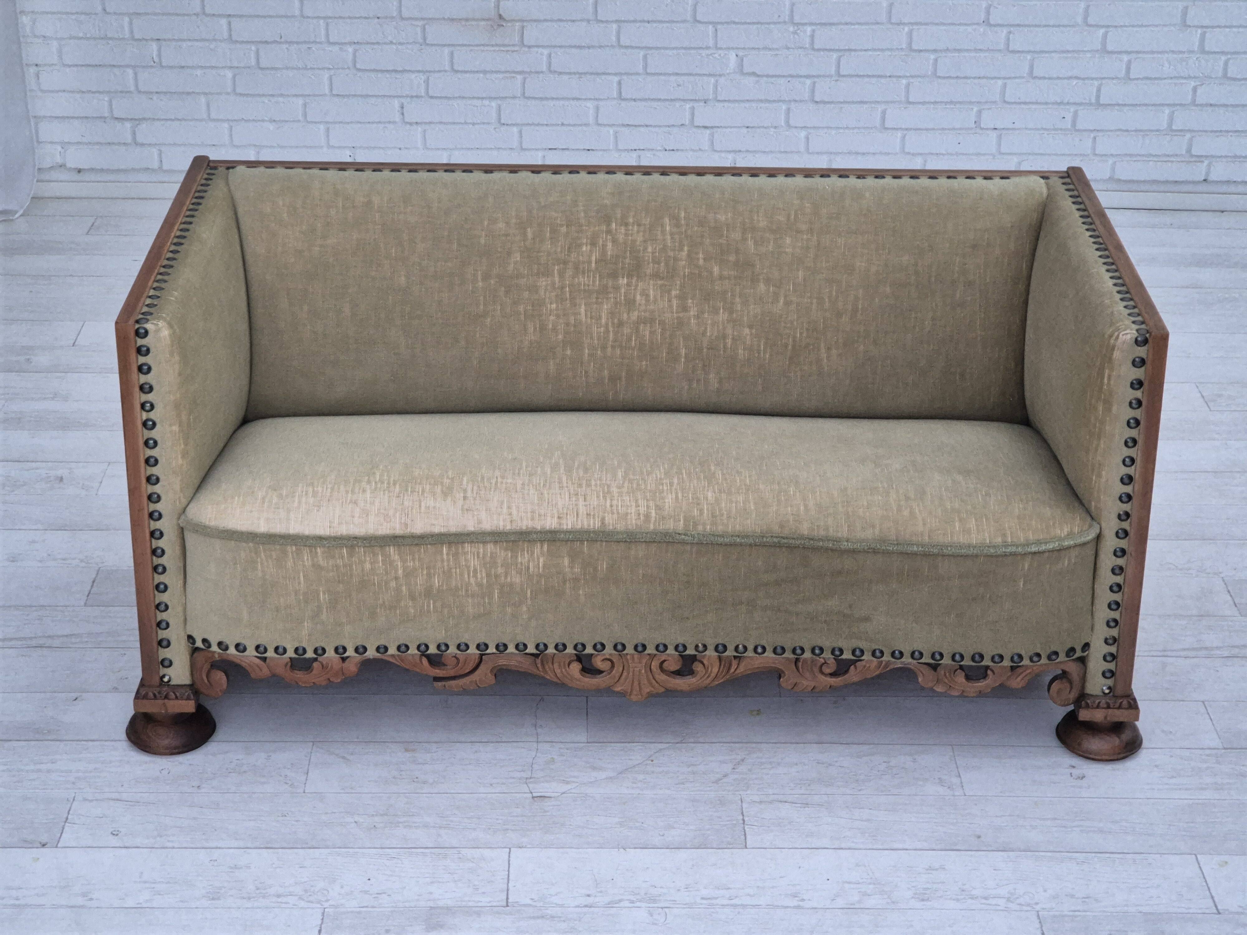 1950s, Danish curved sofa, furniture velour, oak wood.