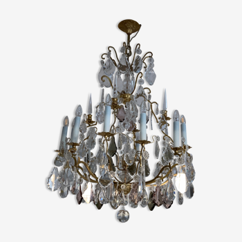 Lustre cage en bronze et cristaux de Boheme