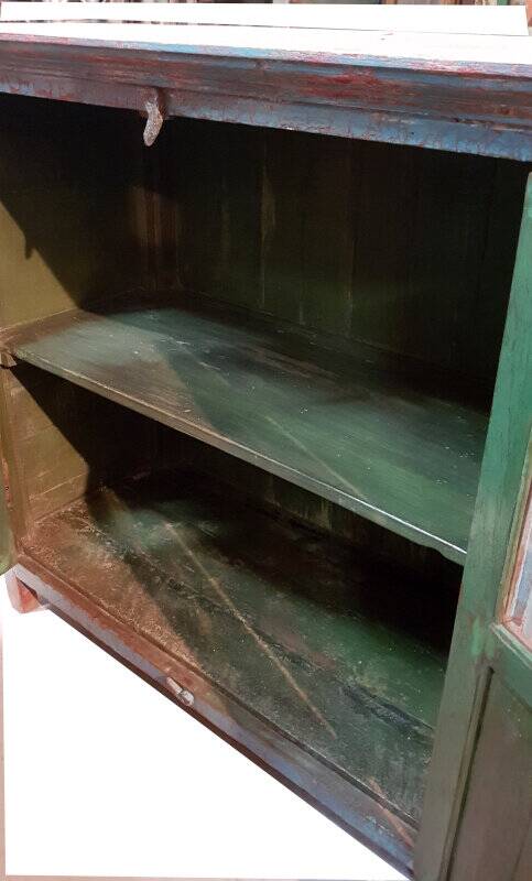 Blue and red glass sideboard with large old teak wood top