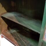 Blue and red glass sideboard with large old teak wood top