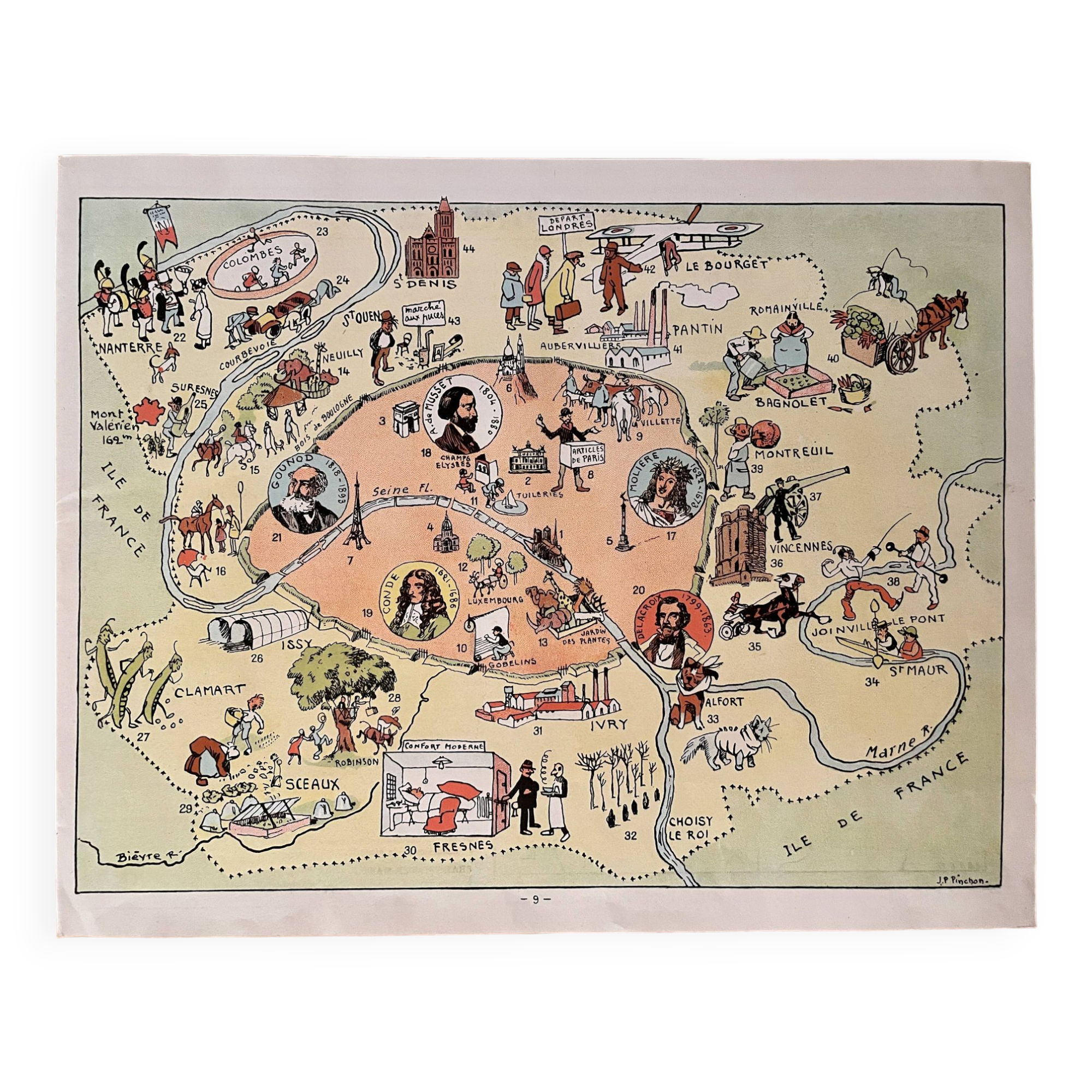 Old poster illustrated map of Paris 1939 - JP Pinchon