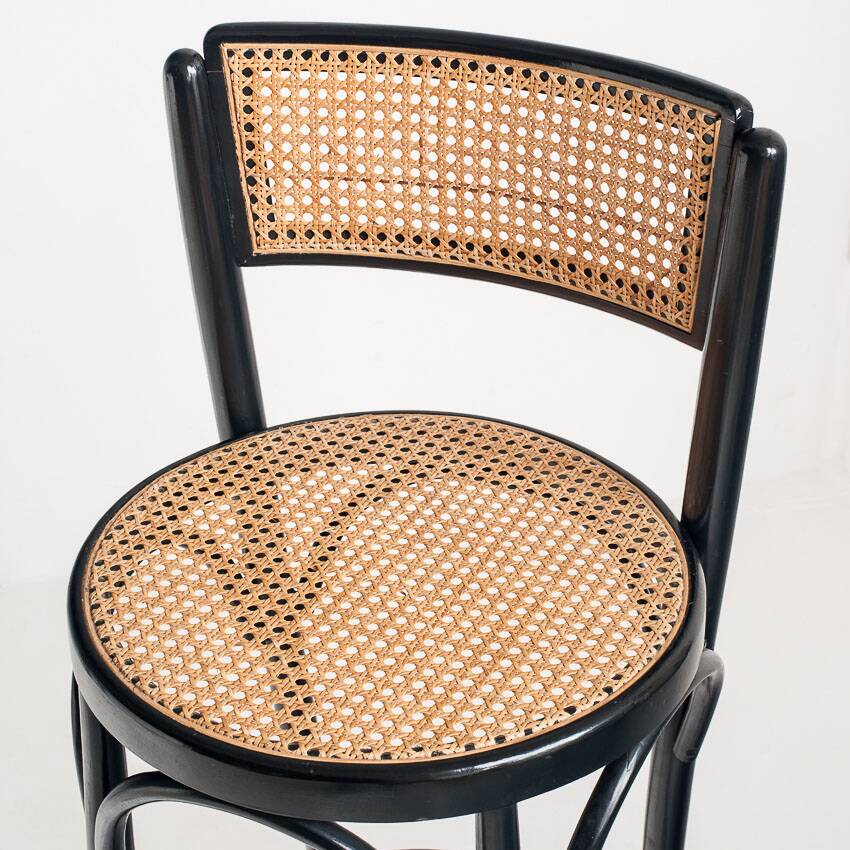 Set of 4 vintage high stools. Beech wood and cane. France, 90s