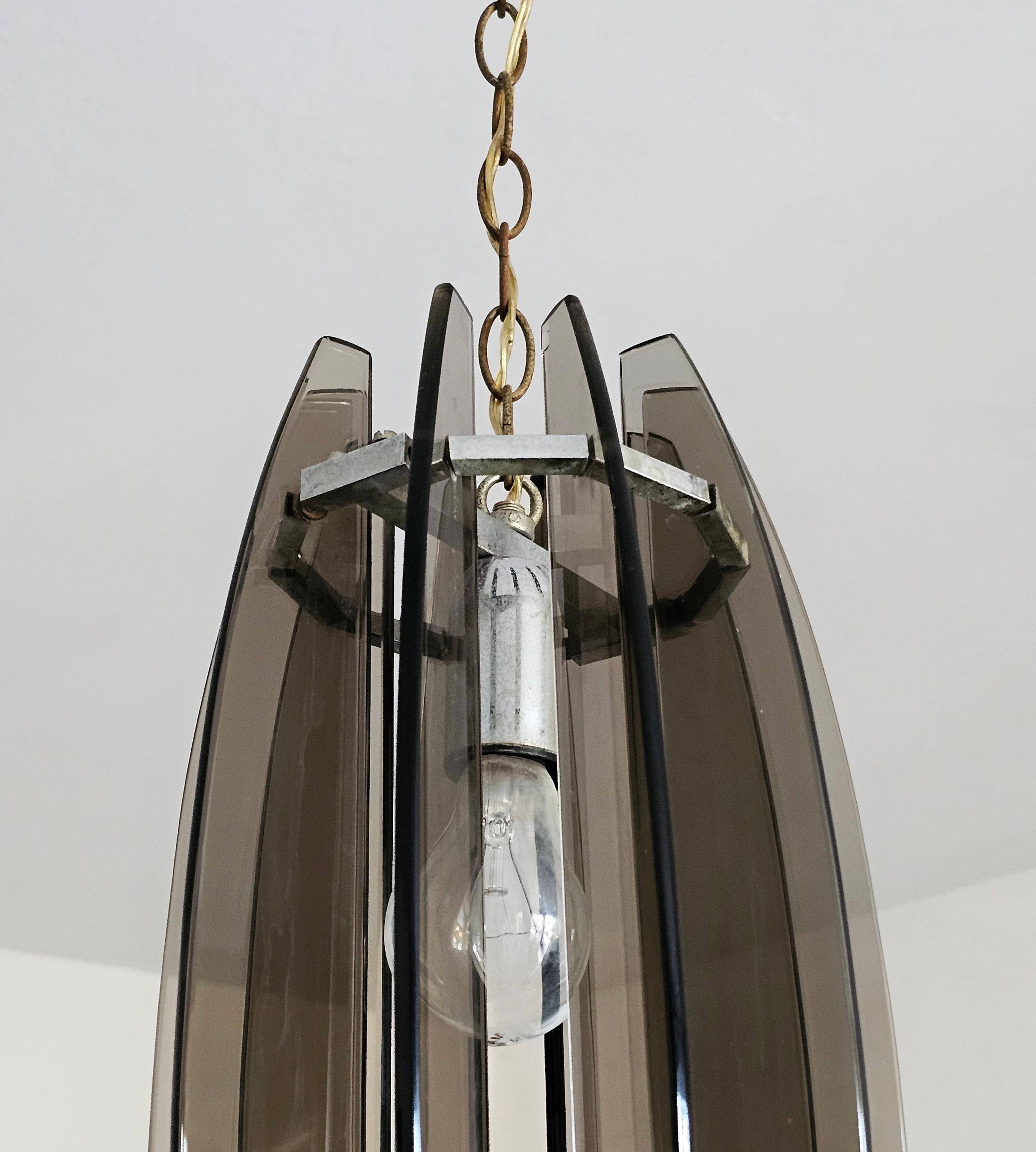 Glass chandelier, chrome and smoked glass in the Fontana Arte style from the 1970s.