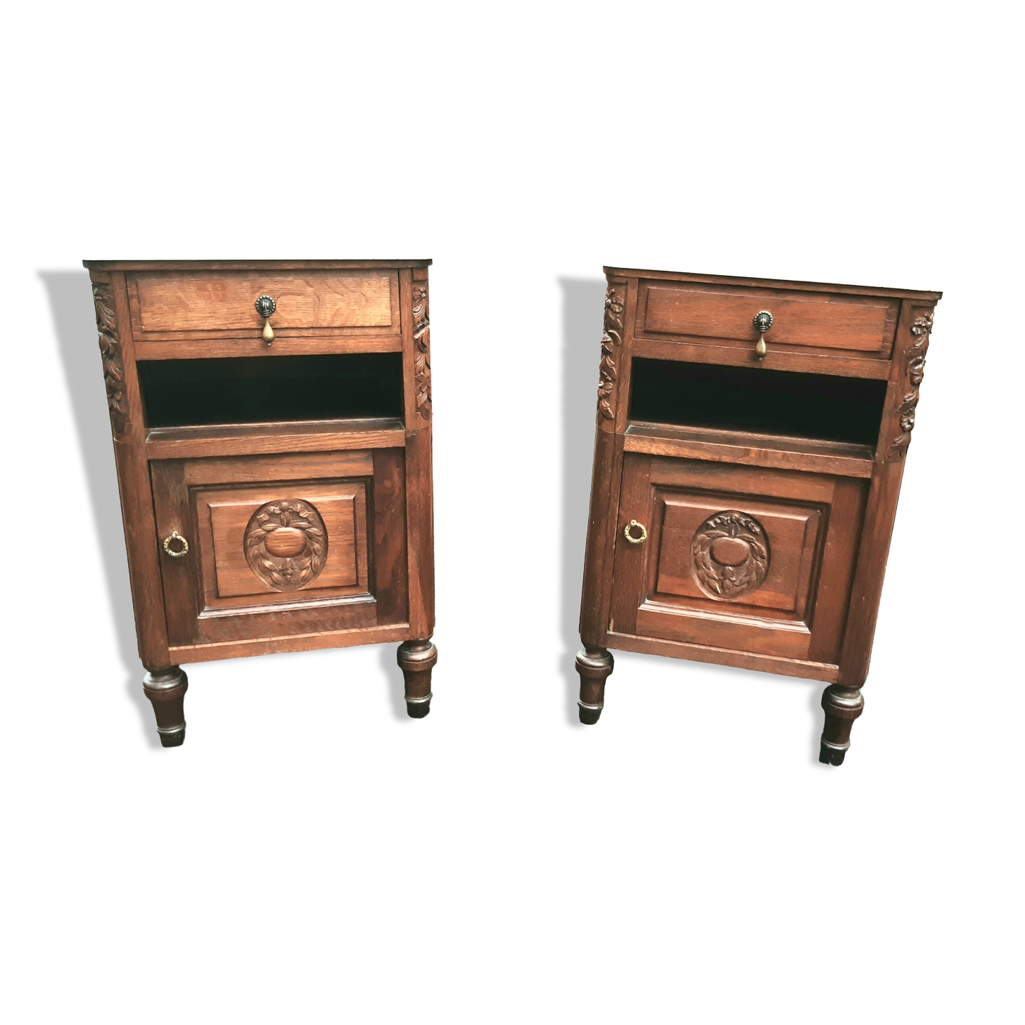 Solid oak and marble bedside tables