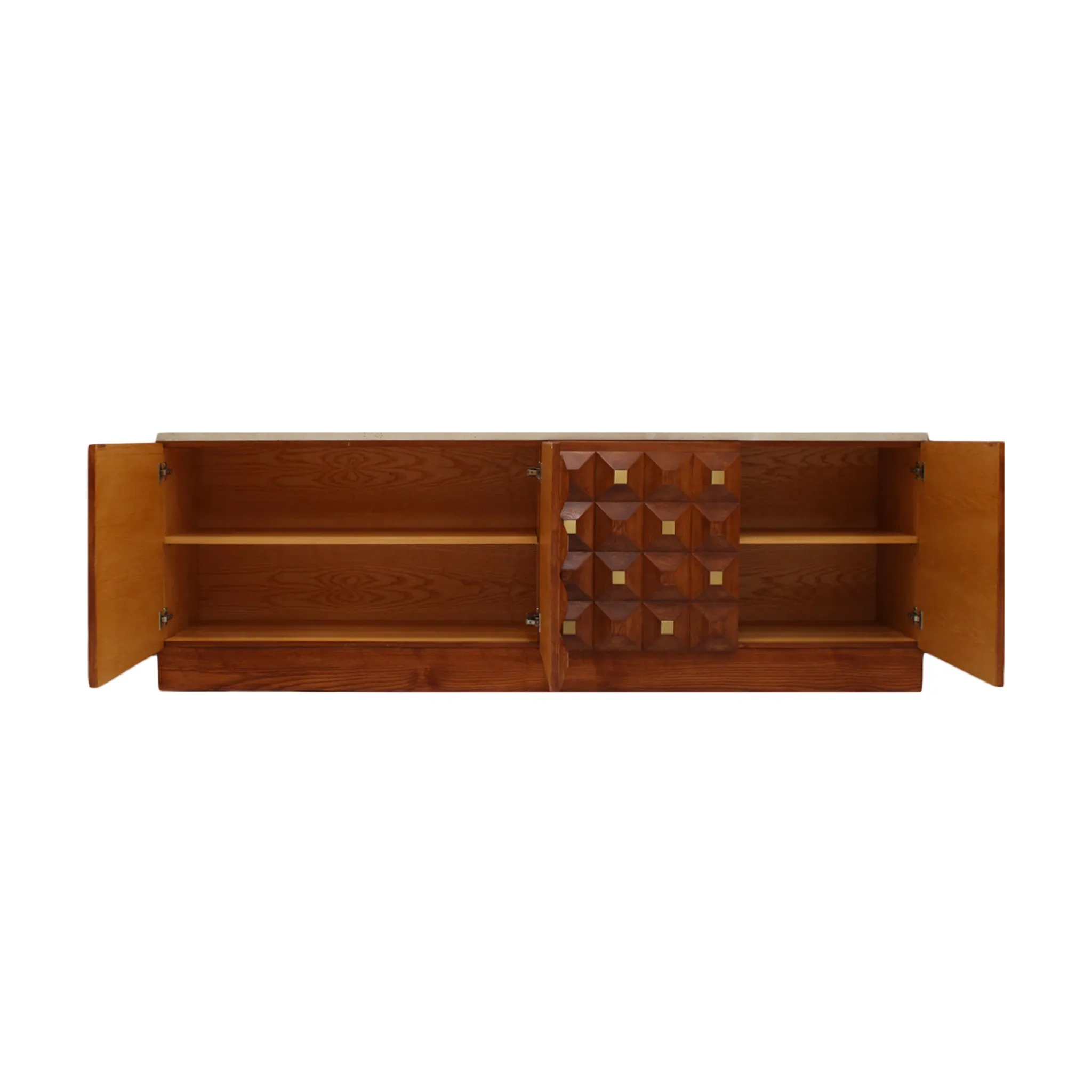 Contemporary Square Pattern Oak Wood, Brass and Travertine Top Italian Side