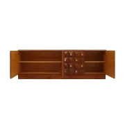 Contemporary Square Pattern Oak Wood, Brass and Travertine Top Italian Side