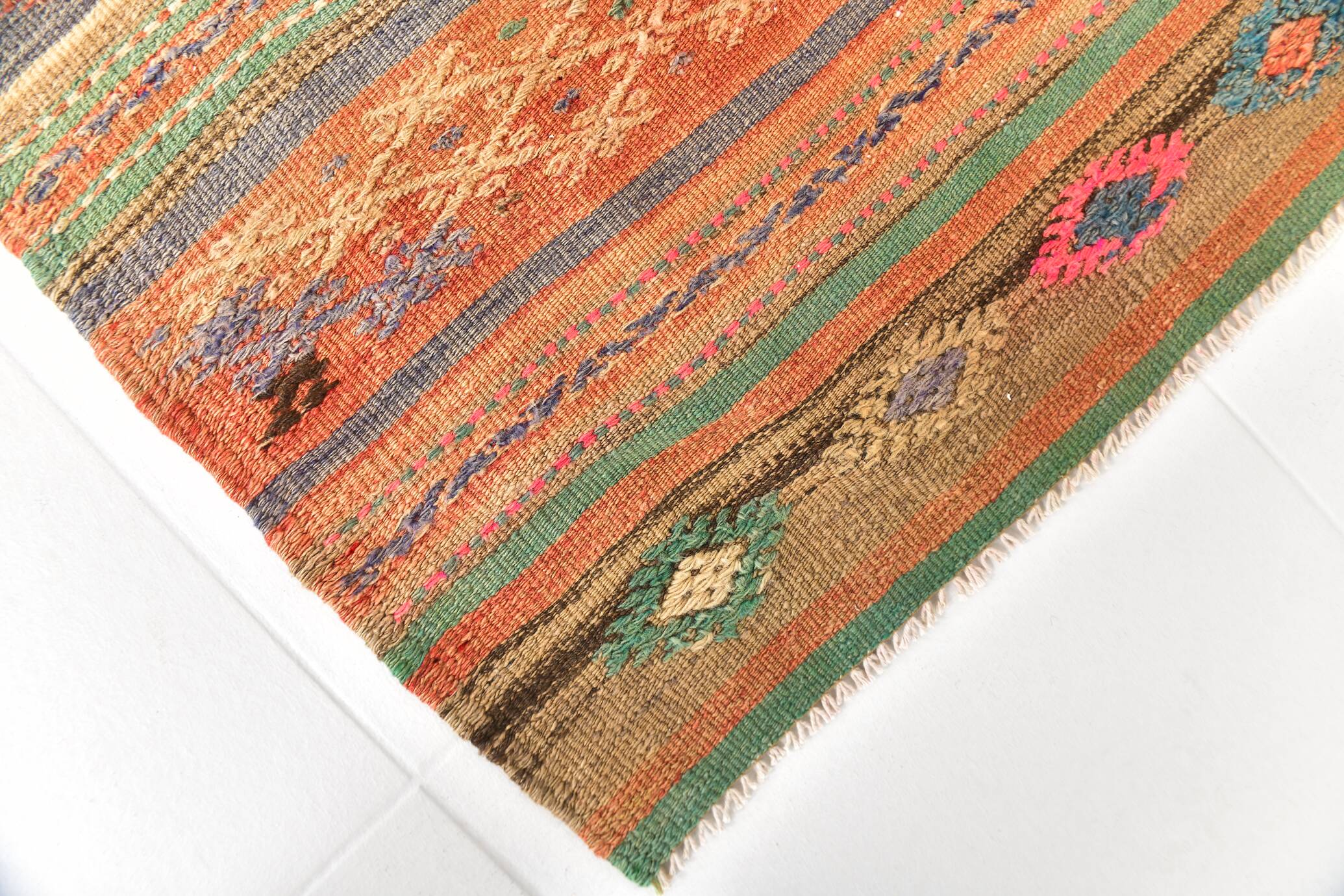 5x8 Green & Orange Striped Pattern Persian Kilim Rug, 155x250Cm