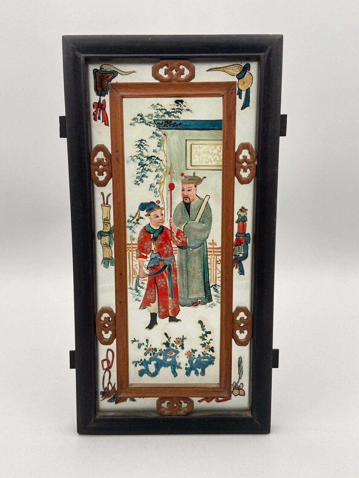 Fixed lantern plate under hand painted glass ironwood late nineteenth century