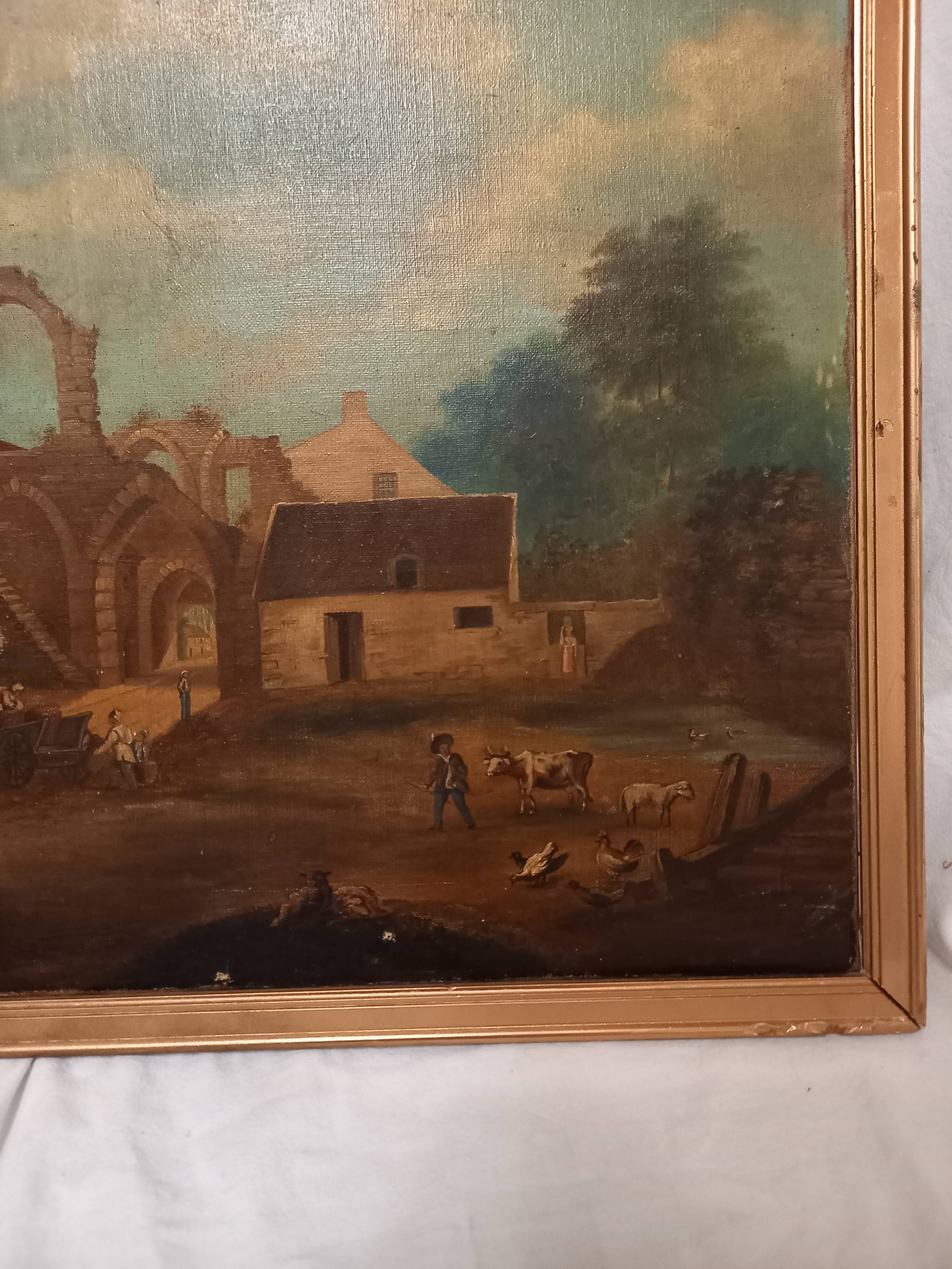 Ancient painting, French school of the 18th century, bucolic scene, ruins.