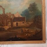Tableau ancien, école française du XVIIIe s., scène bucolique, ruines