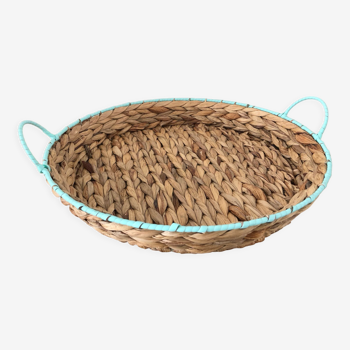 Old round basket in woven bamboo and turquoise scoubidou contours