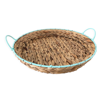 Old round basket in woven bamboo and turquoise scoubidou contours