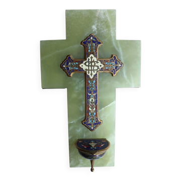 19th-century French holy water font in green onyx and champlevé enamel
