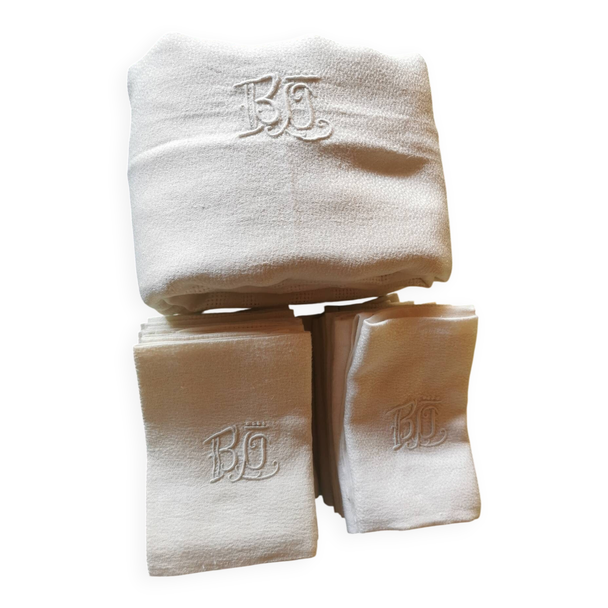 Set of 16 table napkins and an old floral damask tablecloth.