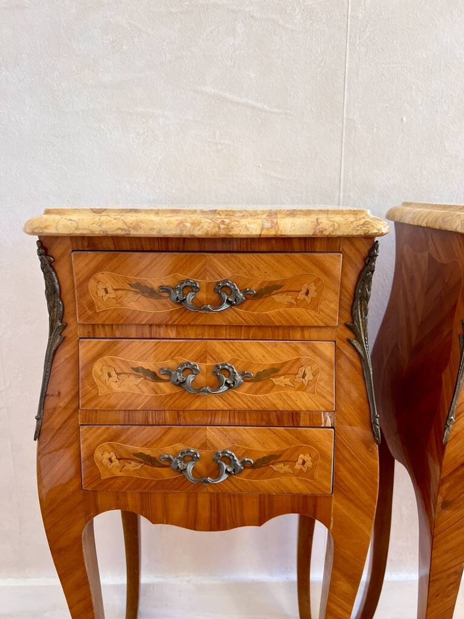 Pair of French rosewood bedside tables, Louis XV marquetry nightstands.