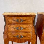 Pair of French rosewood bedside tables, Louis XV marquetry nightstands.